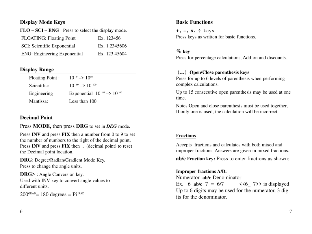 Datexx 6518206 owner manual Display Range, Decimal Point, Basic Functions +, , x, ÷ key s 
