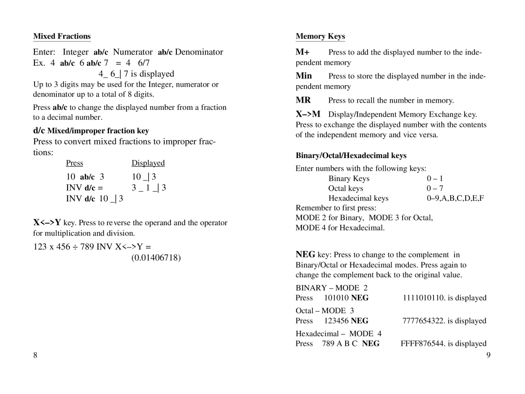 Datexx 6518206 Mixed Fractions, Mixed/improper fraction key, 10 ab/c, Memory Keys, Binary/Octal/Hexadecimal keys 