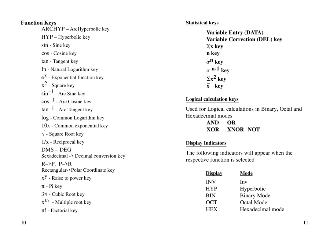 Datexx 6518206 owner manual Function Keys, Statistical keys, Logical calculation keys, Display Indicators, Display Mode 