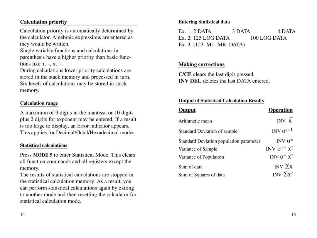 Datexx 6518206 Calculation priority, Making corrections, Output Operation, Calculation range, Statistical calculations 