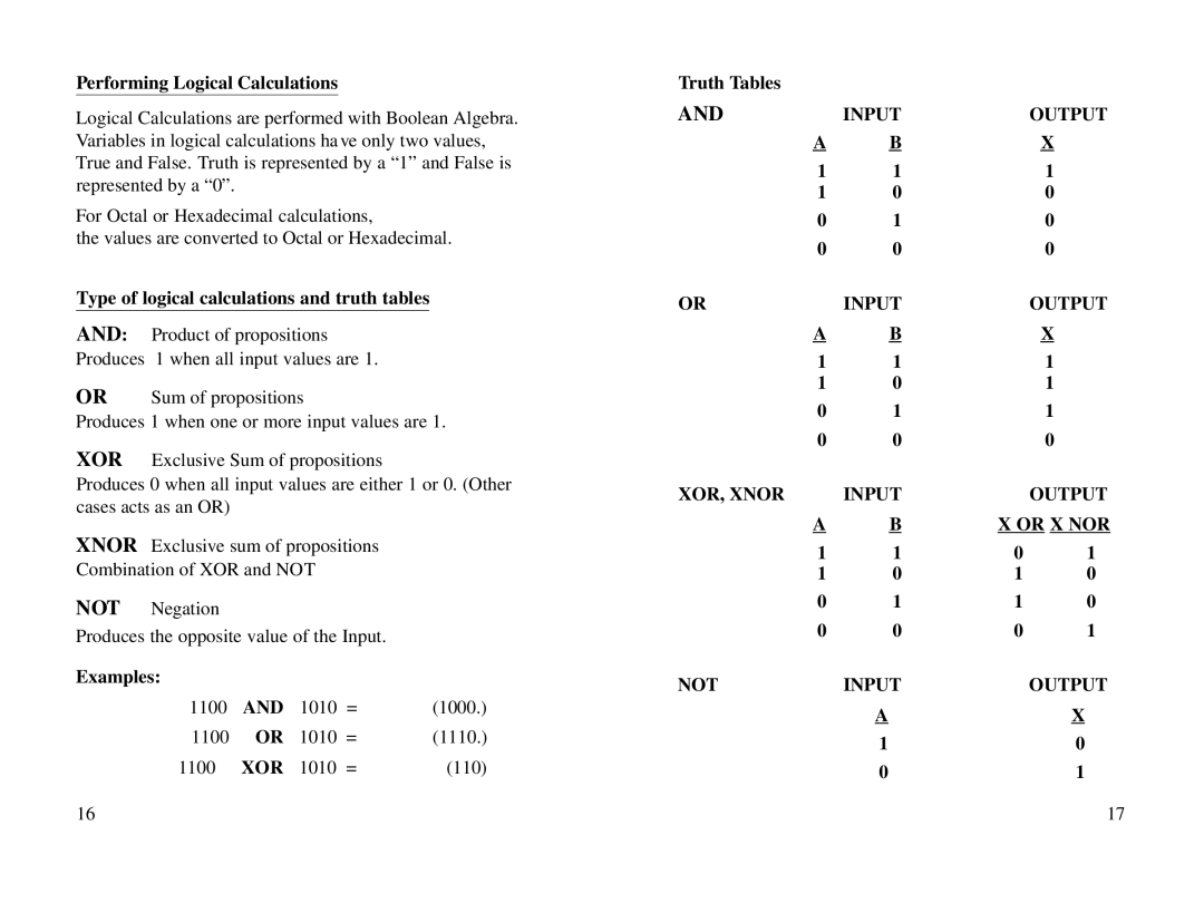 Datexx 6518206 Performing Logical Calculations, Type of logical calculations and truth tables, Examples, Truth Tables 