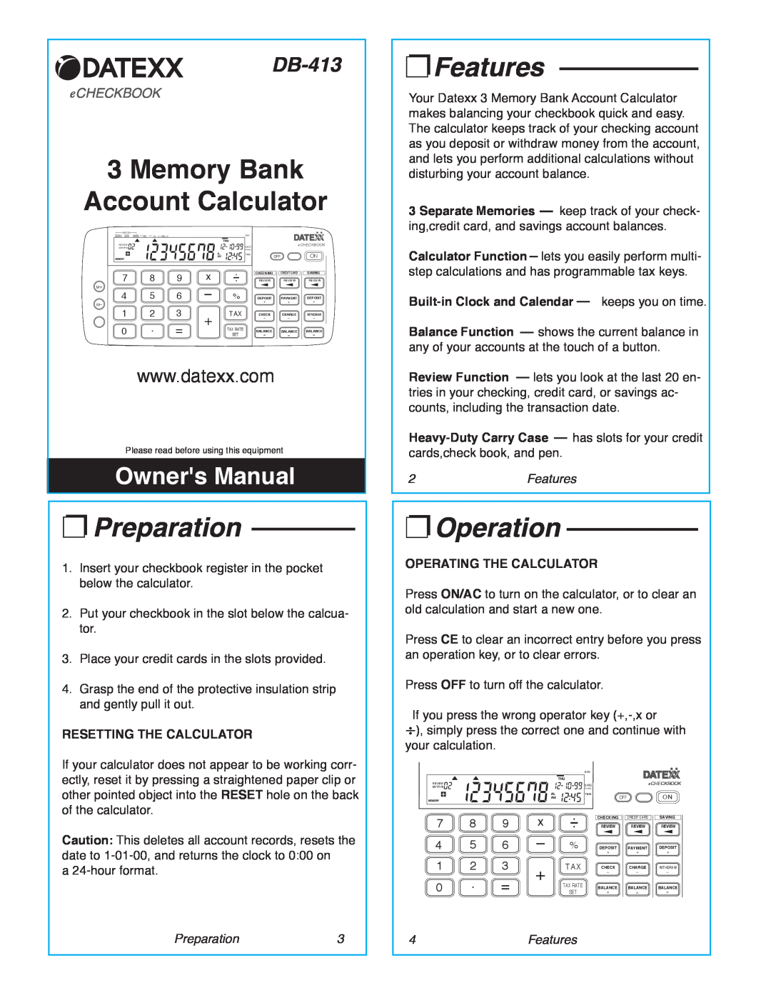 Datexx DB-413 owner manual Memory Bank Account Calculator, Features, Preparation, Operation, Owners Manual, eCHECKBOOK 