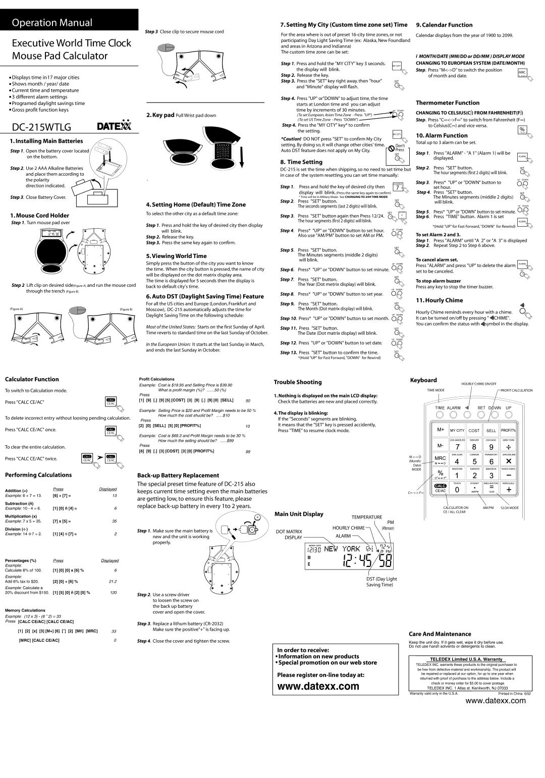 Datexx DC-215WTLG operation manual Calendar Function, Thermometer Function, Alarm Function, Setting Home Default Time Zone 