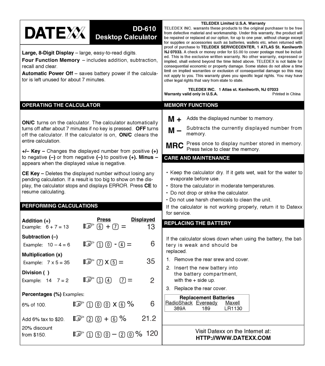 Datexx DD-610 warranty + 7 =, 4 =, 5 =, ⎟ 7 =, 0 x 6 %, + 6 %, 0 2 0 % 