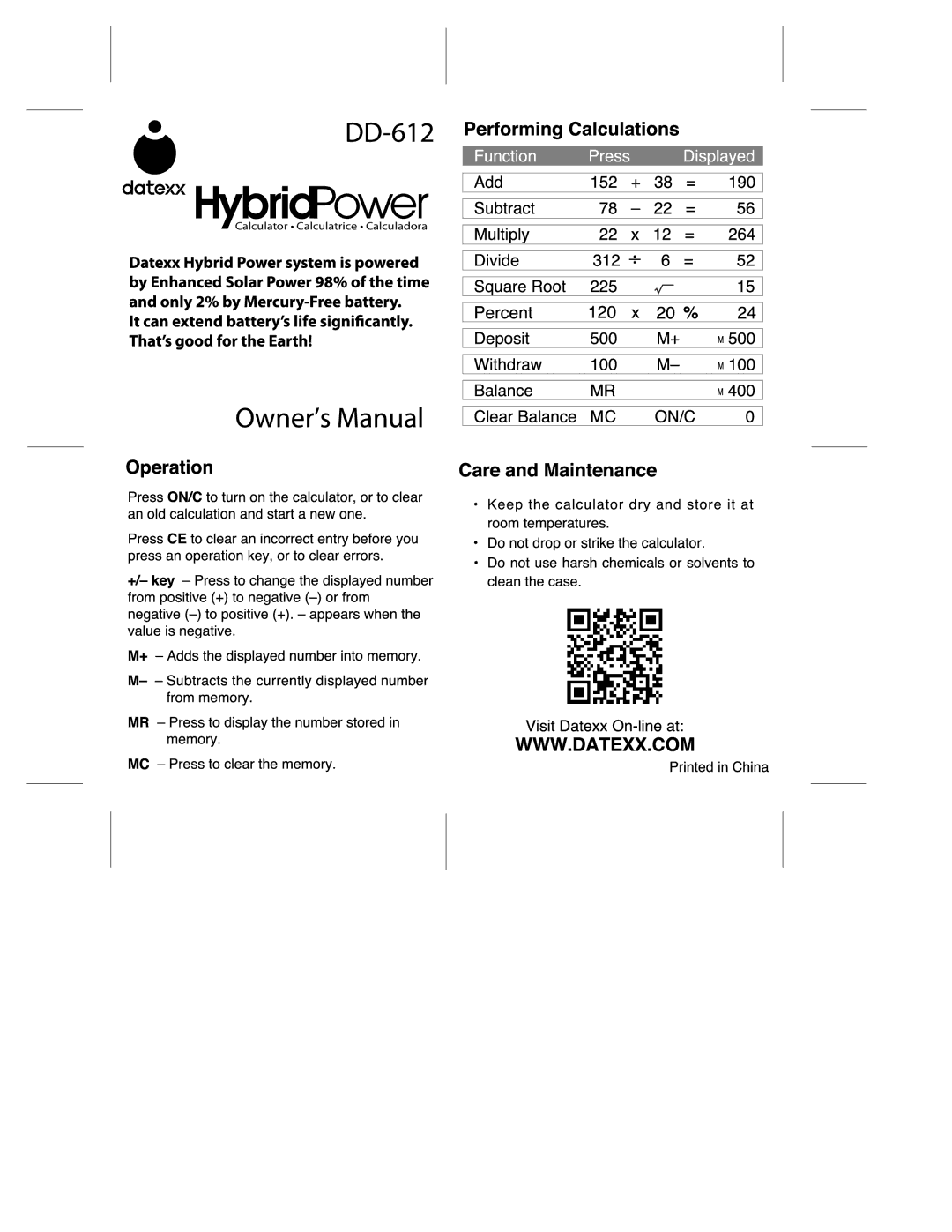 Datexx DD-612 manual Calculator Calculatrice Calculadora 