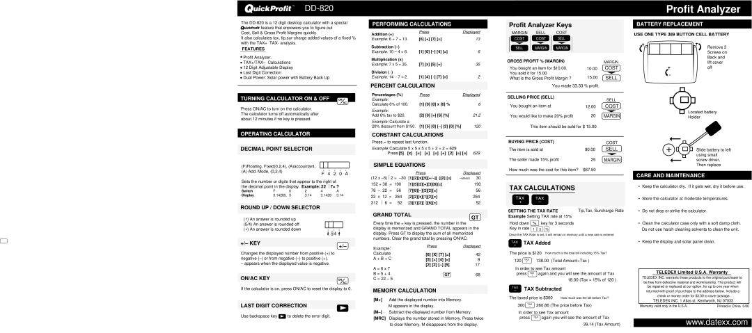 Datexx DD-820 warranty Turning Calculator on & OFF on, Operating Calculator Performing Calculations, Battery Replacement 