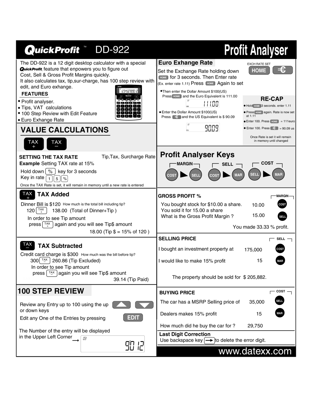 Datexx manual TM DD-922, Value Calculations, Profit Analyser Keys, Step Review, Euro Exhange Rate, Re-Cap, Home 