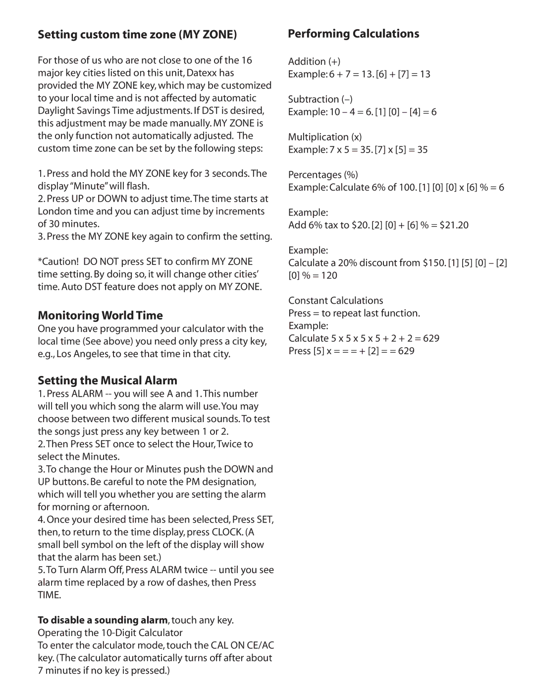 Datexx DF-551 operation manual Setting custom time zone MY Zone 