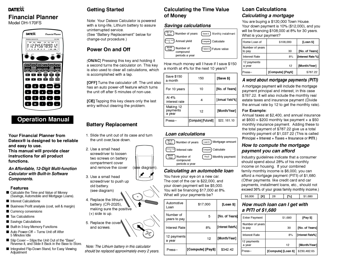 Datexx DH-170FS operation manual Getting Started, Power On and Off, Loan Calculations 