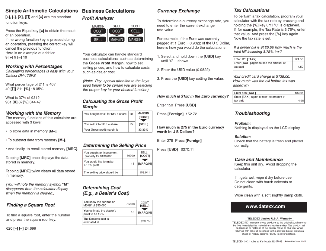 Datexx DH-170FS operation manual Simple Arithmetic Calculations, Business Calculations 