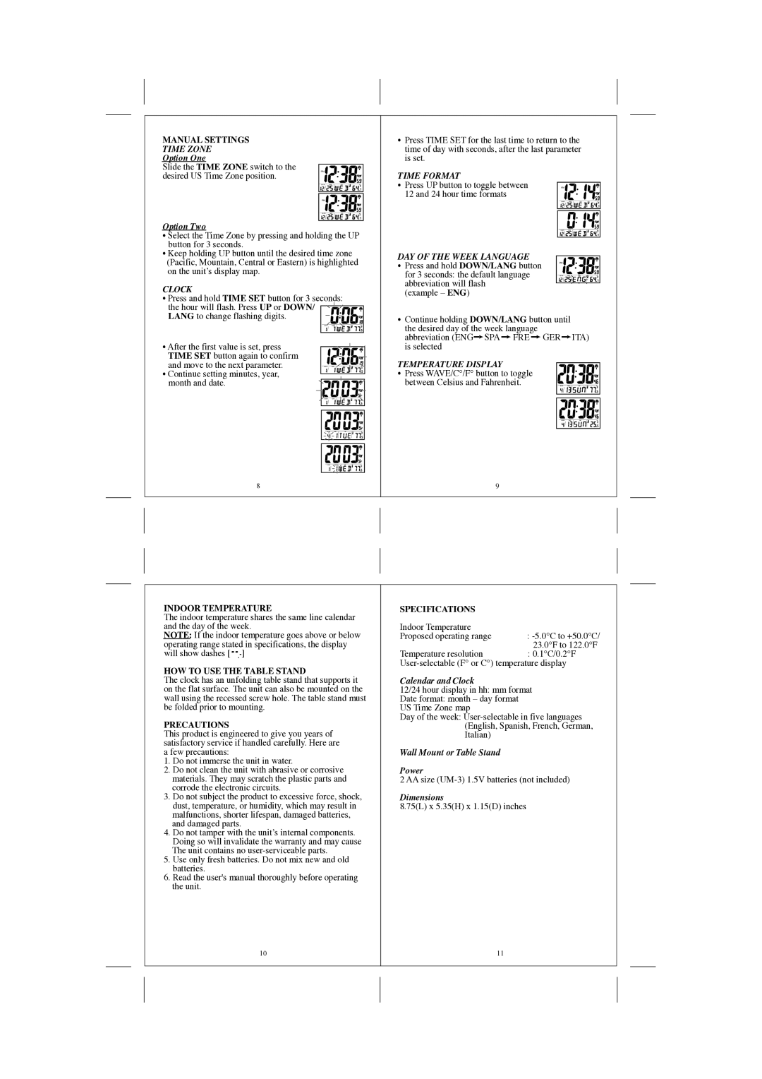 Datexx DRC-700 user manual Time Zone, Clock, Time Format, DAY of the Week Language, Temperature Display 