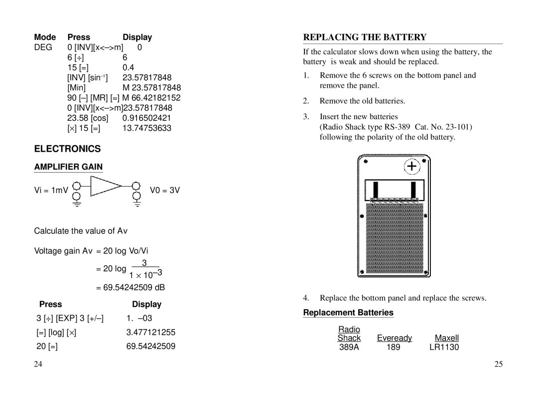 Datexx DS-700-30Xa owner manual Electronics, Replacing the Battery 