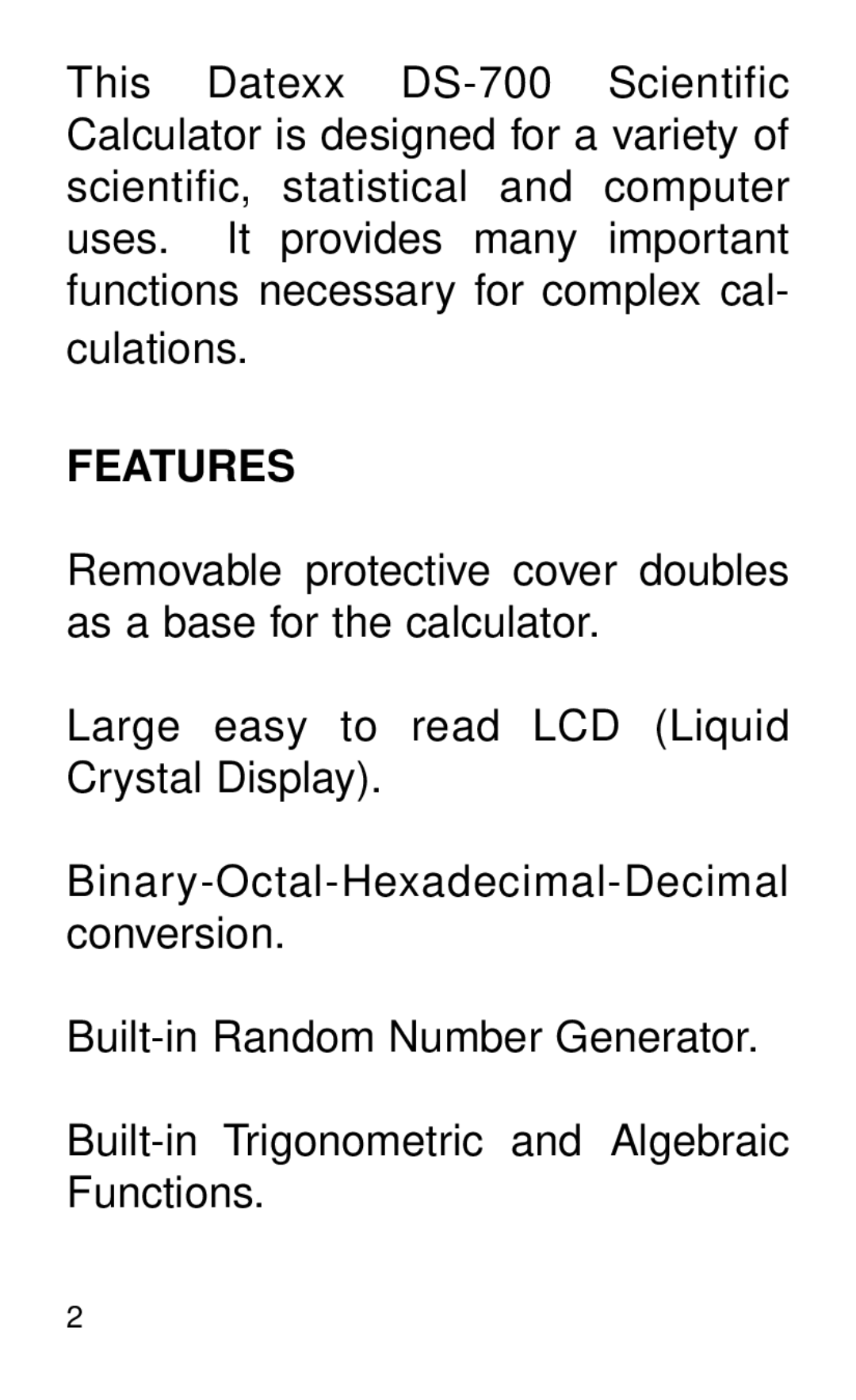 Datexx DS-700 owner manual Features, Table of Contents 