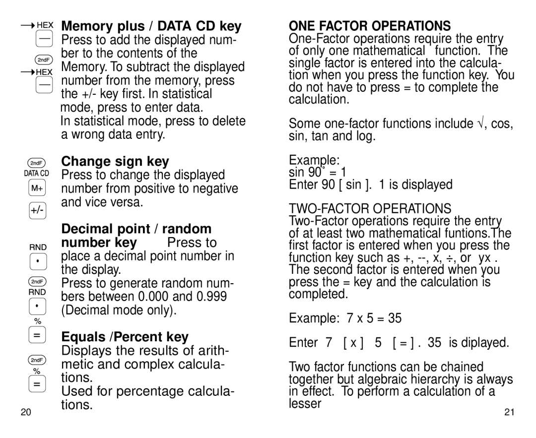 Datexx DS-700 owner manual Memory plus / DATA CD key, Change sign key, Decimal point / random 