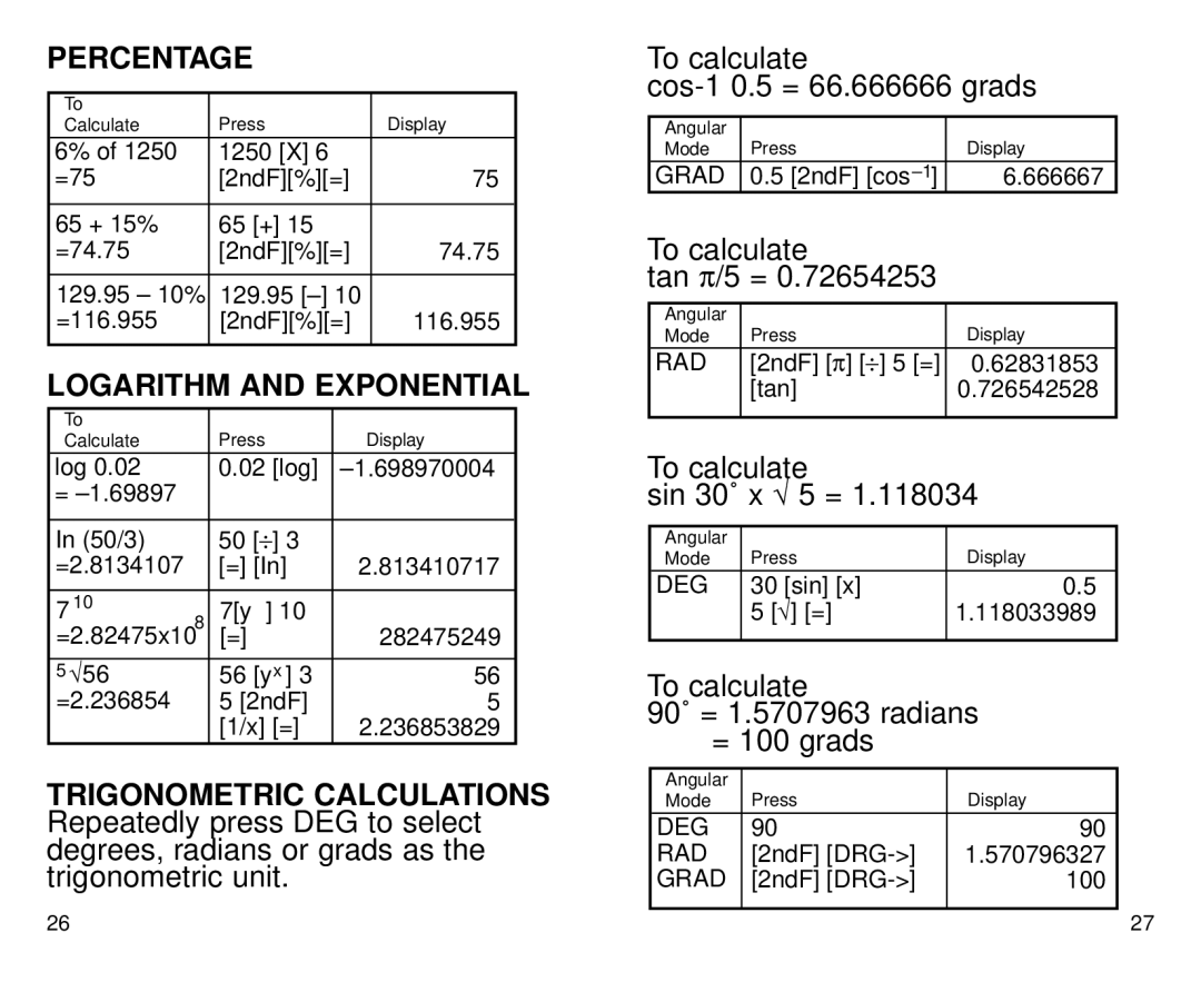 Datexx DS-700 Percentage, Logarithm And Exponential, To calculate cos-1 0.5 = 66.666666 grads, To calculate tan π /5 = 
