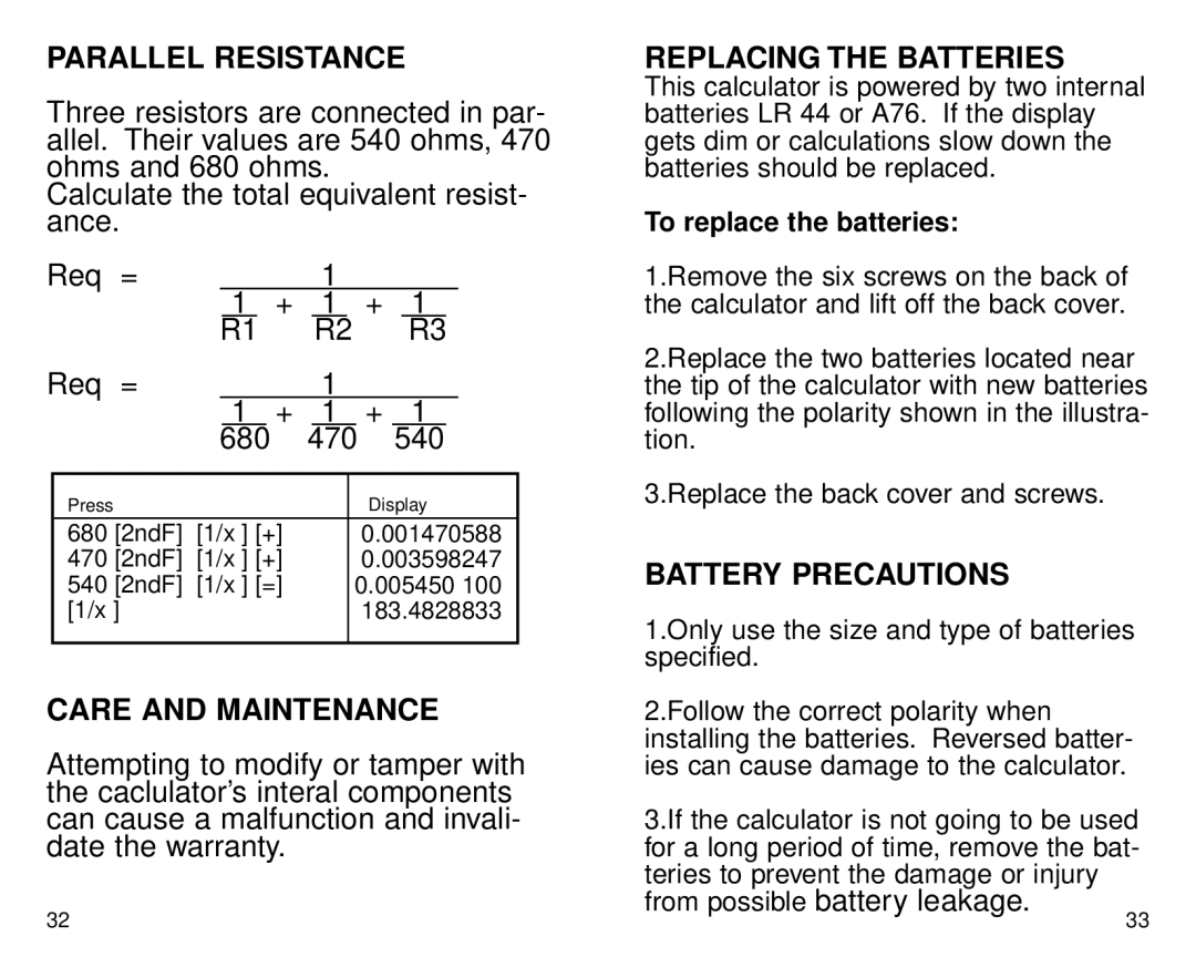 Datexx DS-700 owner manual Parallel Resistance, Care And Maintenance, Replacing The Batteries, Battery Precautions 