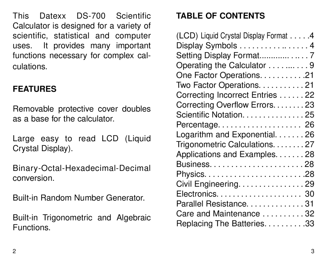 Datexx DS-700 owner manual Features, Table Of Contents 