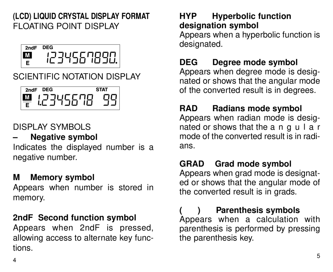 Datexx DS-700 Negative symbol, M Memory symbol, HYP Hyperbolic function designation symbol, DEG Degree mode symbol 