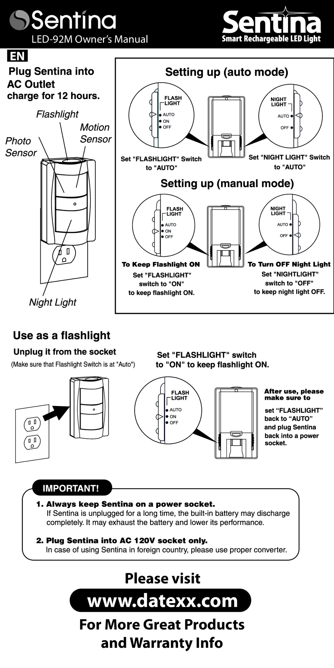 Datexx LED92M owner manual Please visit For More Great Products Warranty Info 