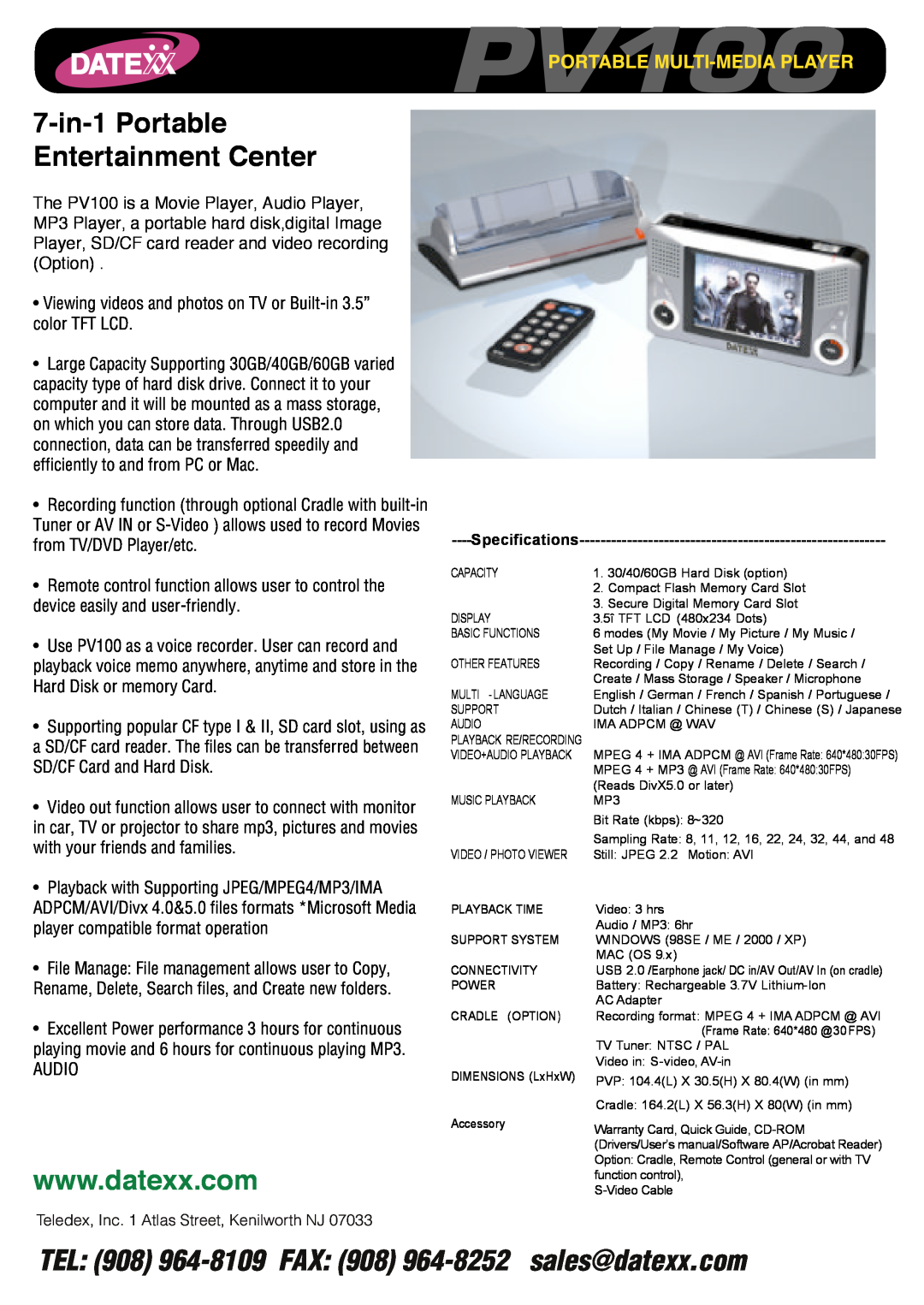 Datexx PV100 specifications 7-in-1Portable Entertainment Center 