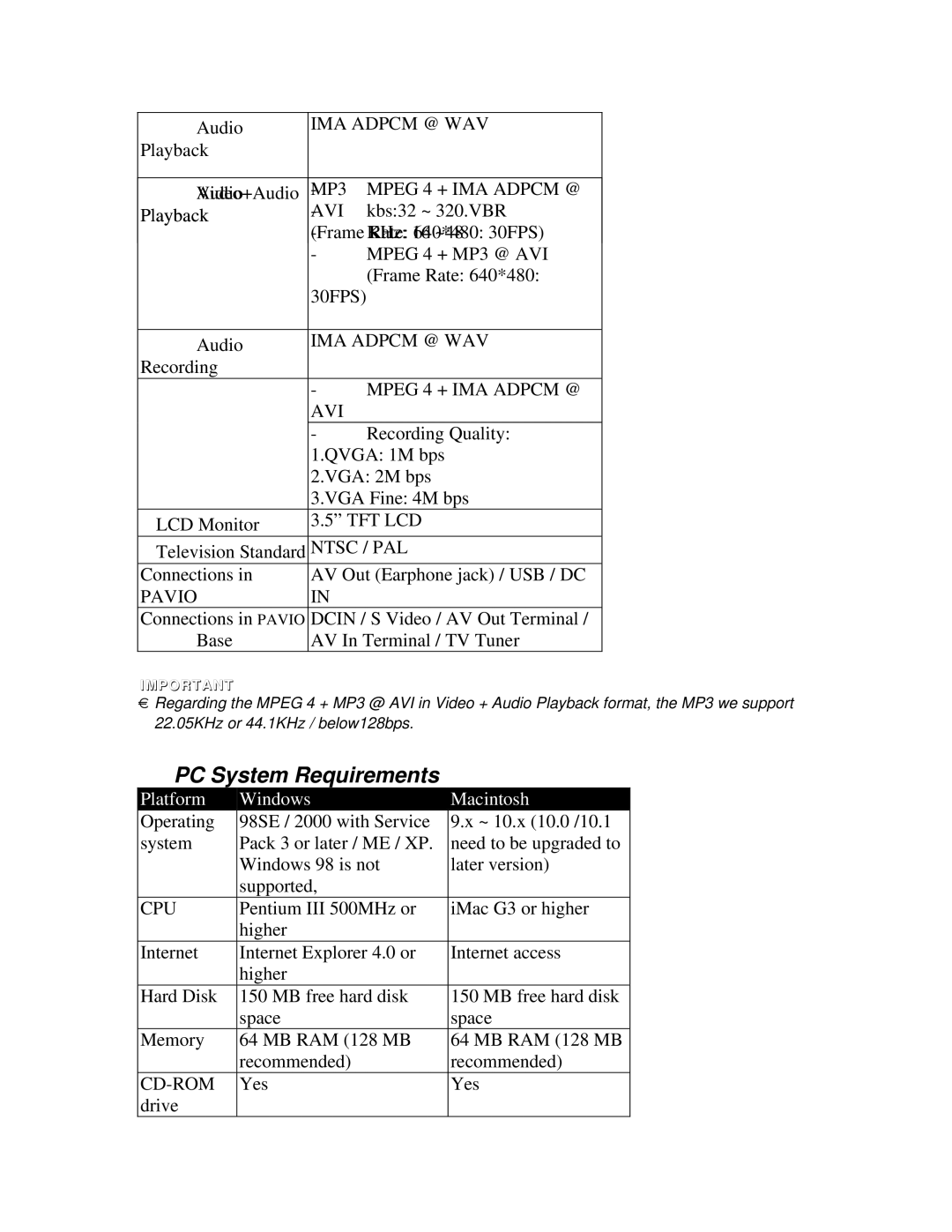 Datexx PVR30T manual PC System Requirements, Avi 