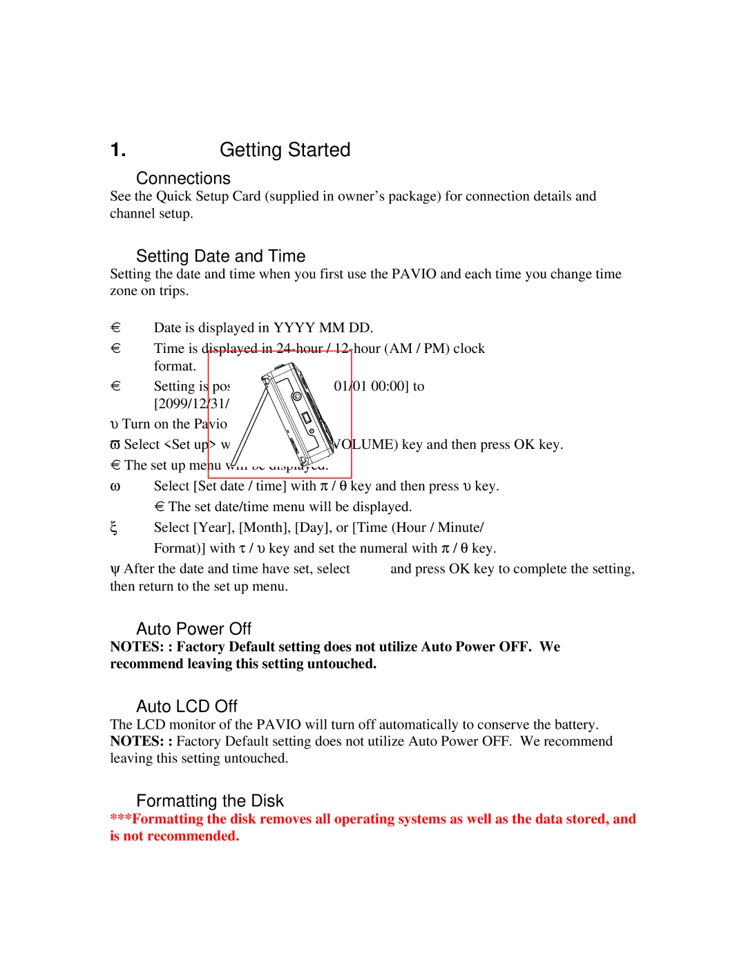 Datexx PVR30T manual Getting Started, Connections, Setting Date and Time, Auto Power Off Auto LCD Off, Formatting the Disk 