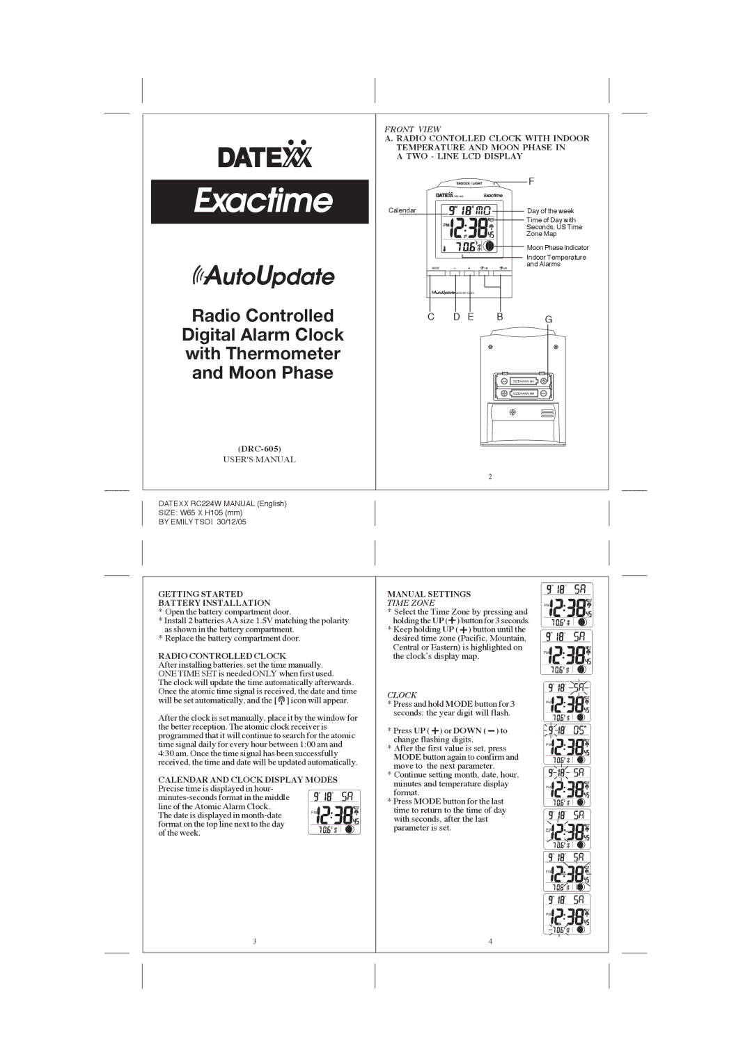 Datexx RC224W user manual Front View, Time Zone, Clock 