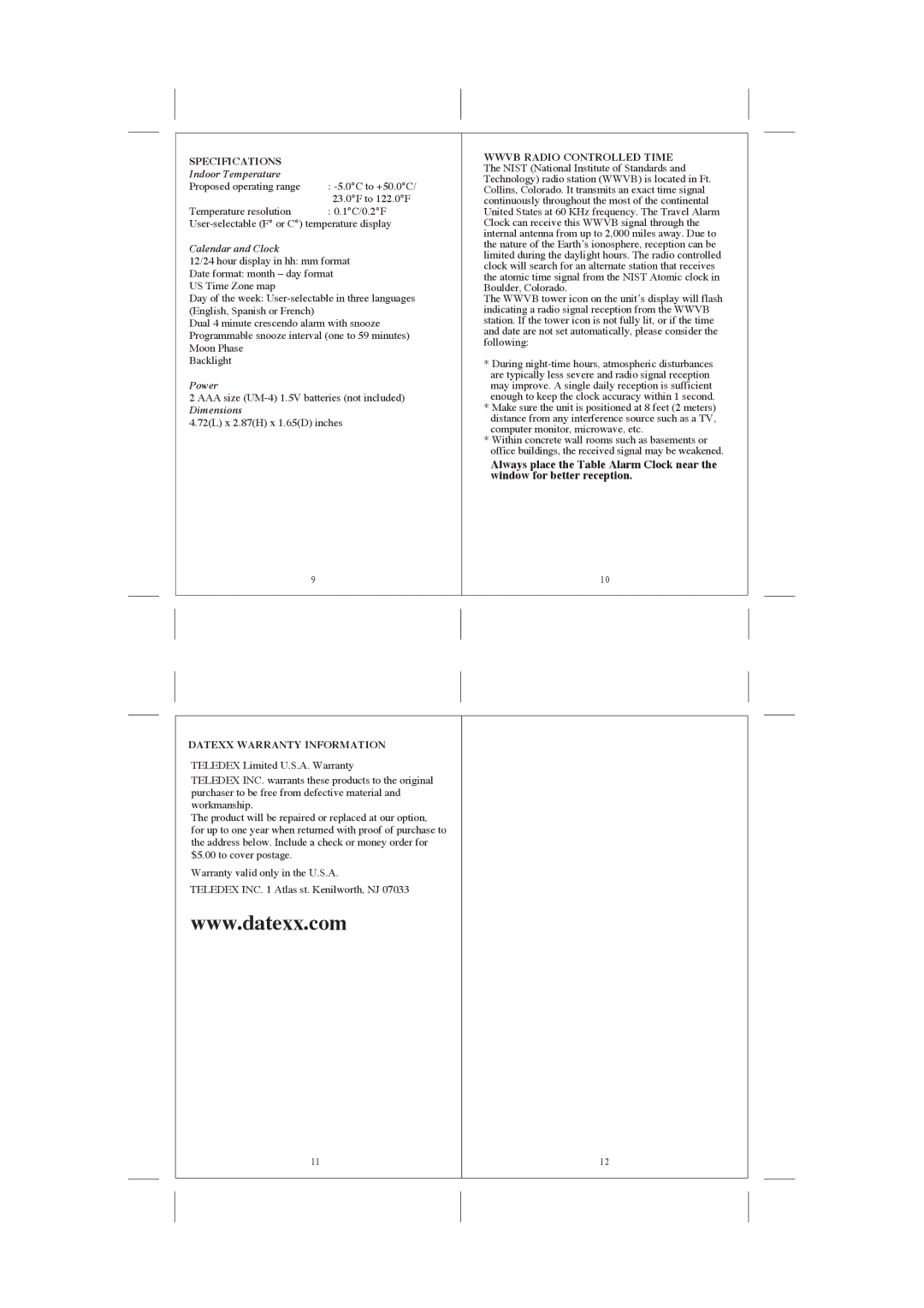 Datexx RC224W user manual Indoor Temperature, Calendar and Clock, Power, Dimensions 