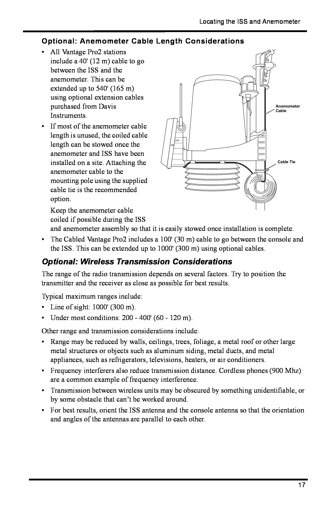 DAVIS 6322C Optional Wireless Transmission Considerations, Optional Anemometer Cable Length Considerations 