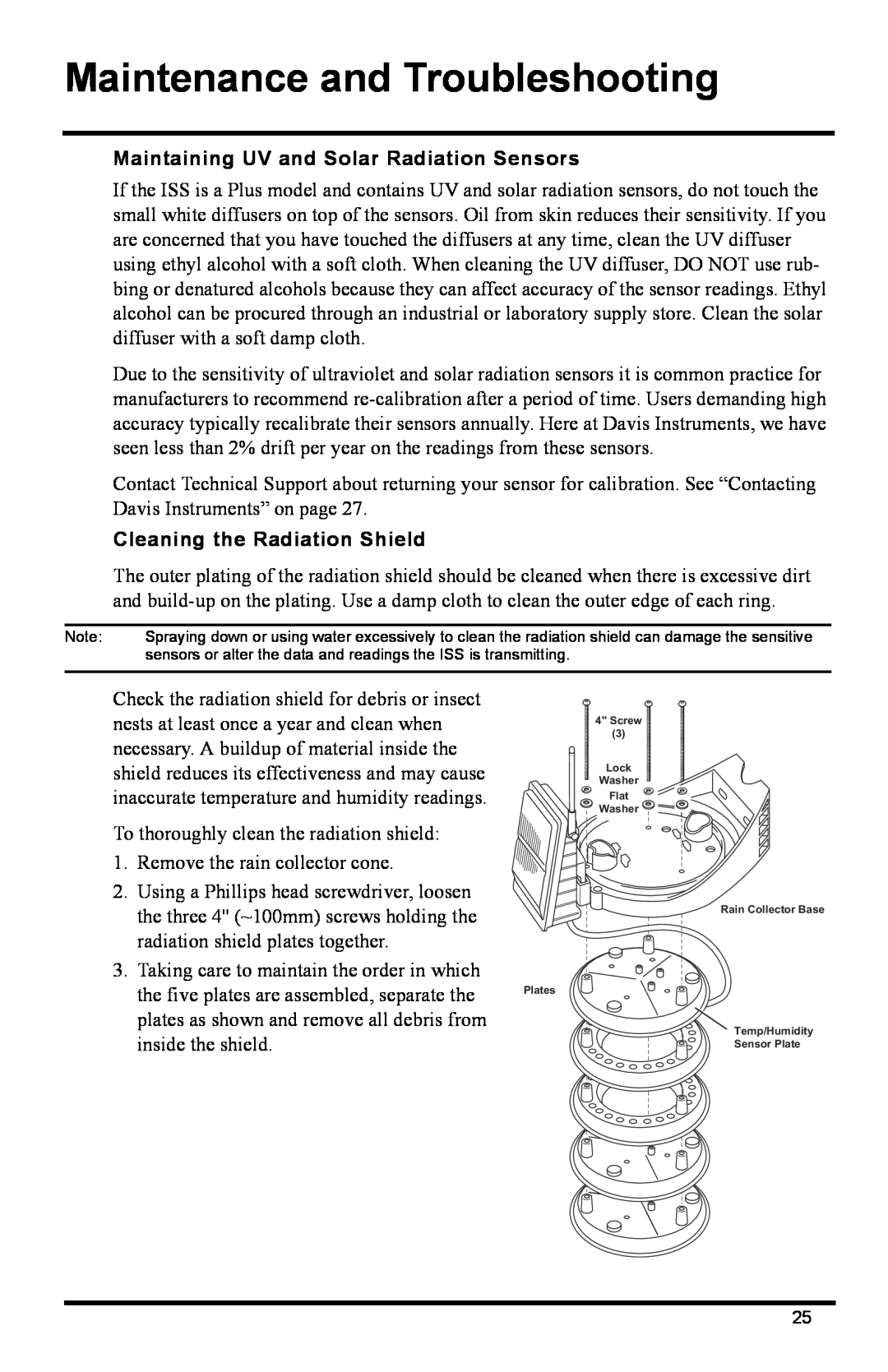 DAVIS 6322C installation manual Screw 3 Lock Washer Flat Washer, Rain Collector Base, Maintenance and Troubleshooting 