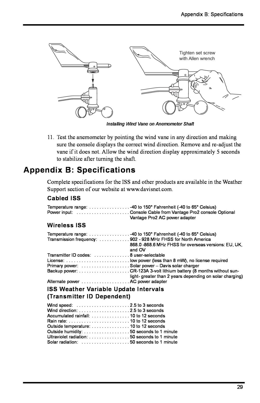 DAVIS 6322C Appendix B Specifications, Cabled ISS, Wireless ISS, ISS Weather Variable Update Intervals 