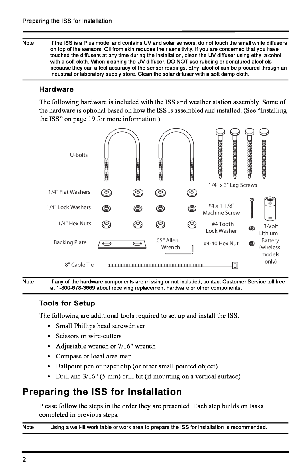 DAVIS 6322C installation manual Preparing the ISS for Installation, Hardware, Tools for Setup 