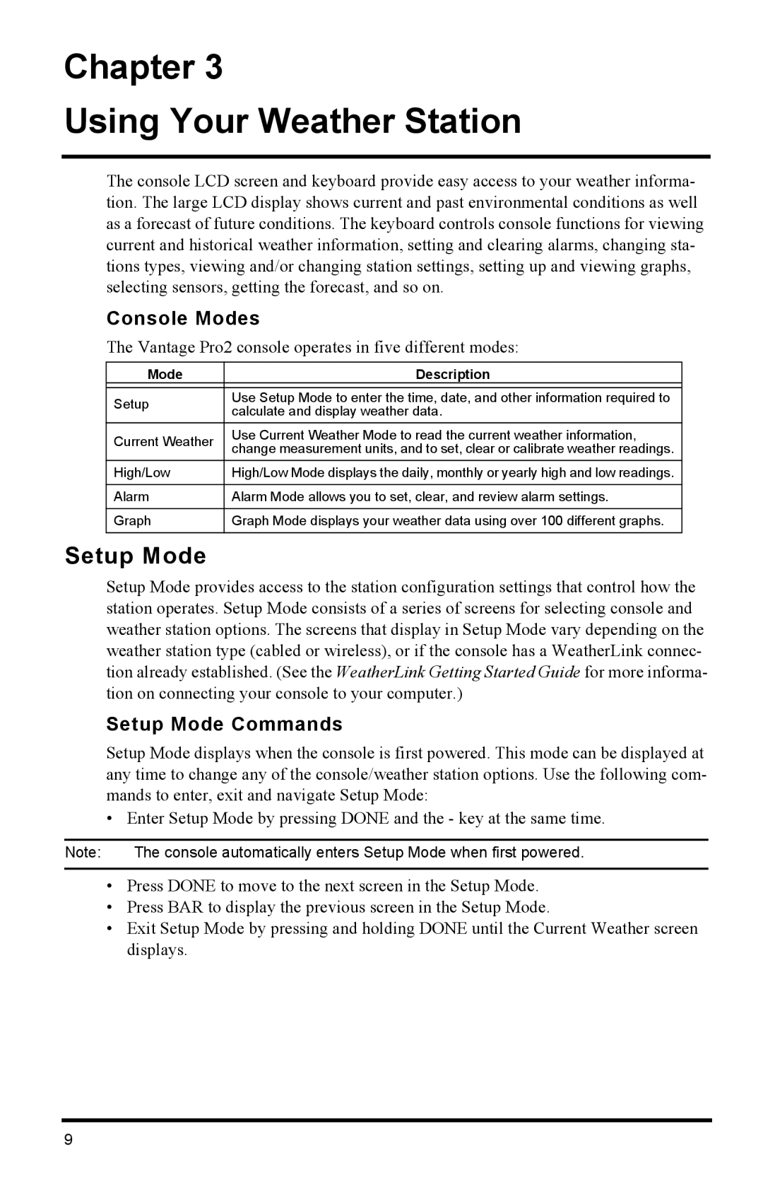 Davis Instruments 6152C manual Chapter Using Your Weather Station, Setup Mode Commands, Mode Description 