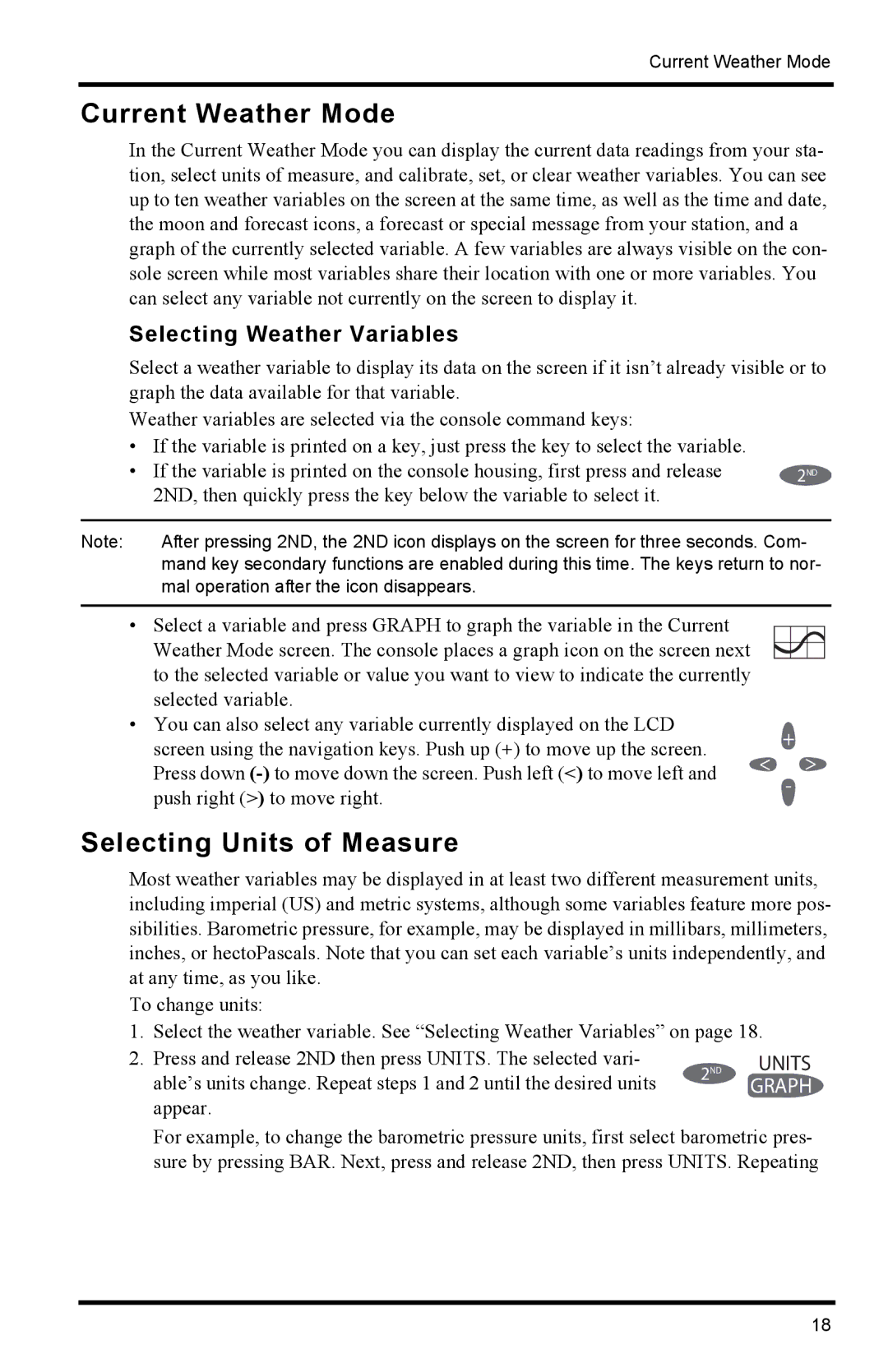 Davis Instruments 6152C manual Current Weather Mode, Selecting Units of Measure, Selecting Weather Variables 