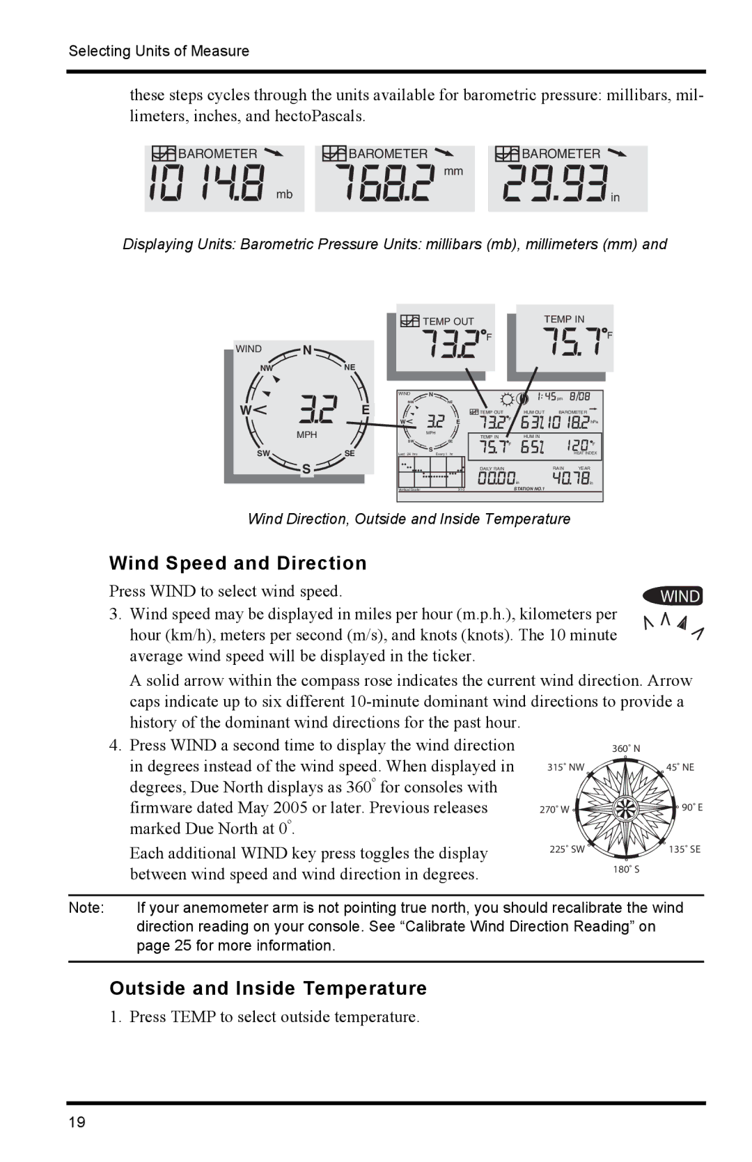 Davis Instruments 6152C manual Wind Speed and Direction, Outside and Inside Temperature 