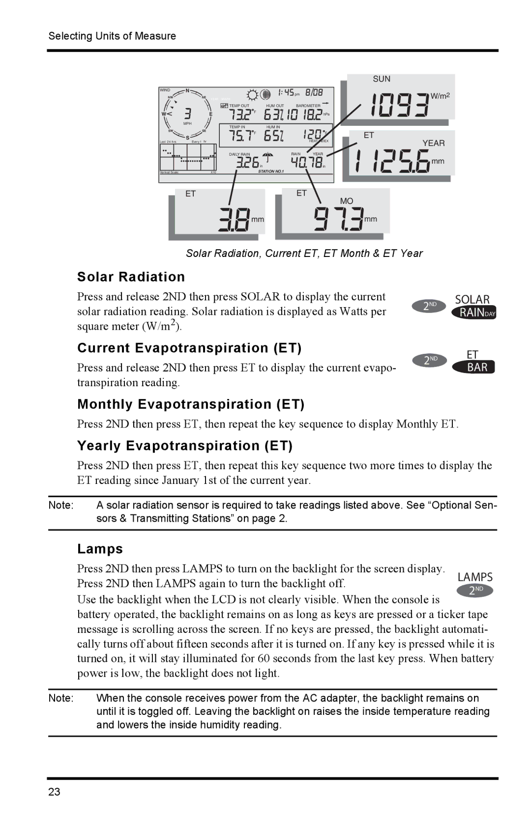 Davis Instruments 6152C manual Solar Radiation, Current Evapotranspiration ET, Monthly Evapotranspiration ET, Lamps 