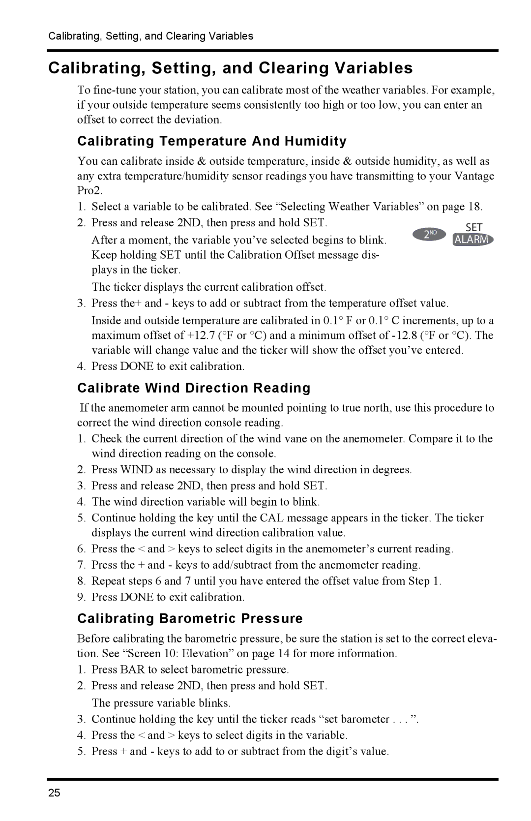 Davis Instruments 6152C manual Calibrating, Setting, and Clearing Variables, Calibrating Temperature And Humidity 