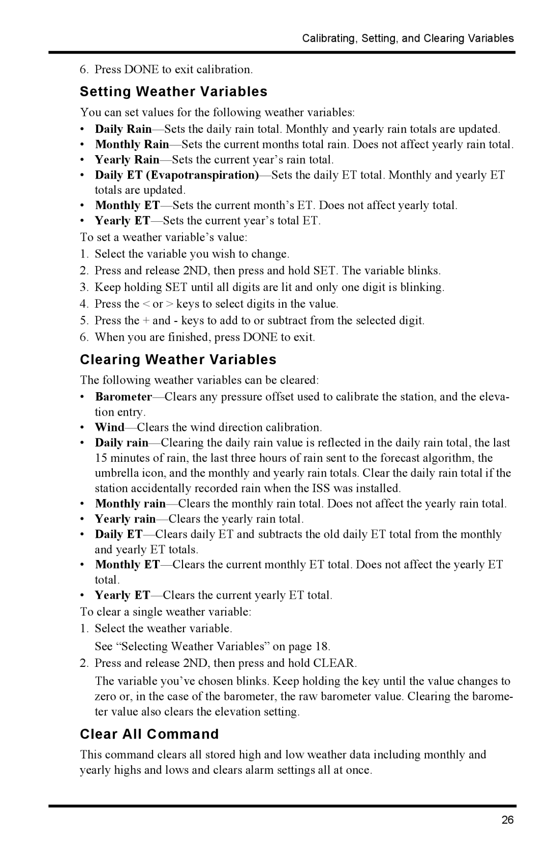 Davis Instruments 6152C manual Setting Weather Variables, Clearing Weather Variables 