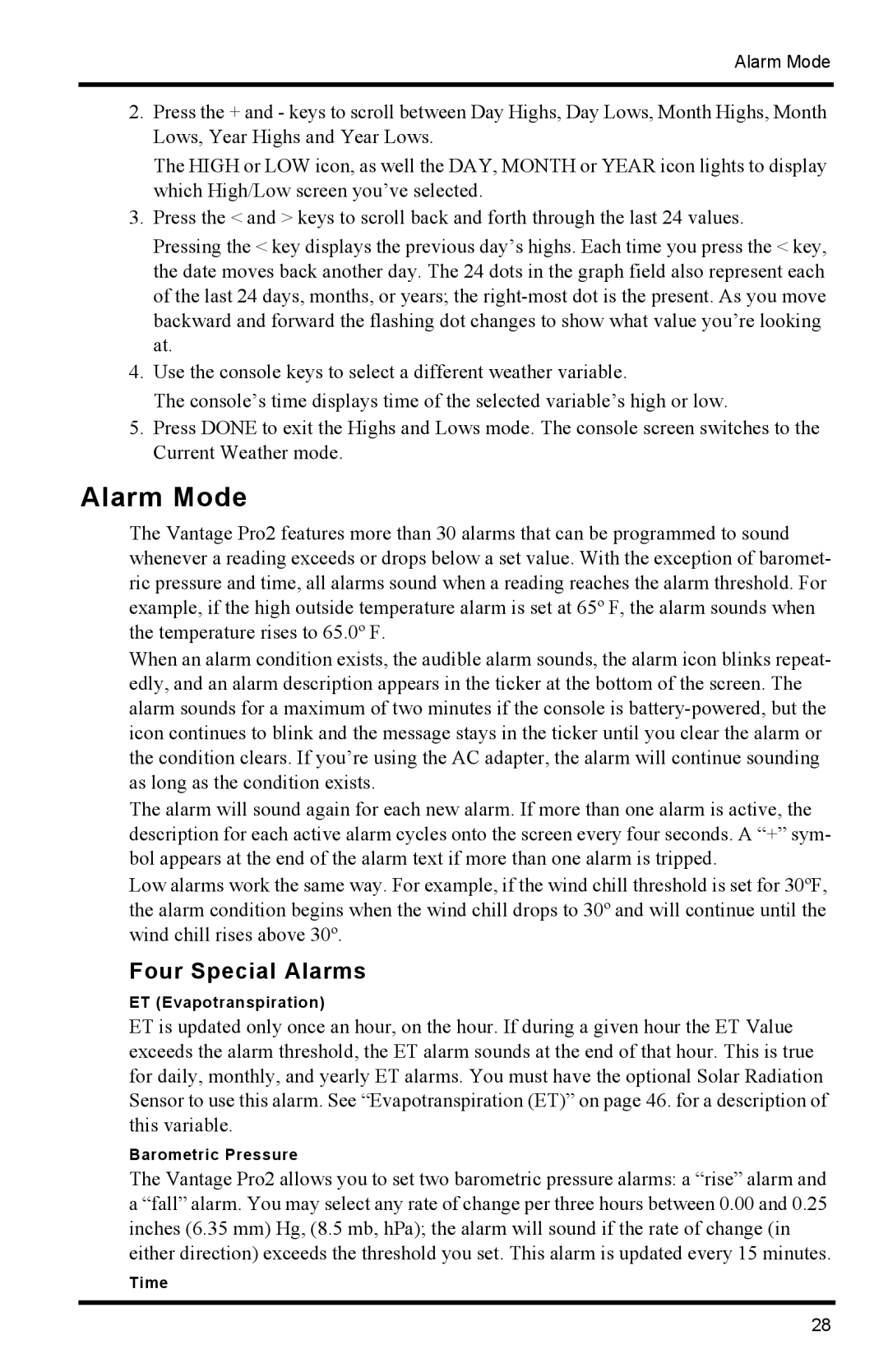 Davis Instruments 6152C manual Alarm Mode, Four Special Alarms, ET Evapotranspiration, Barometric Pressure 