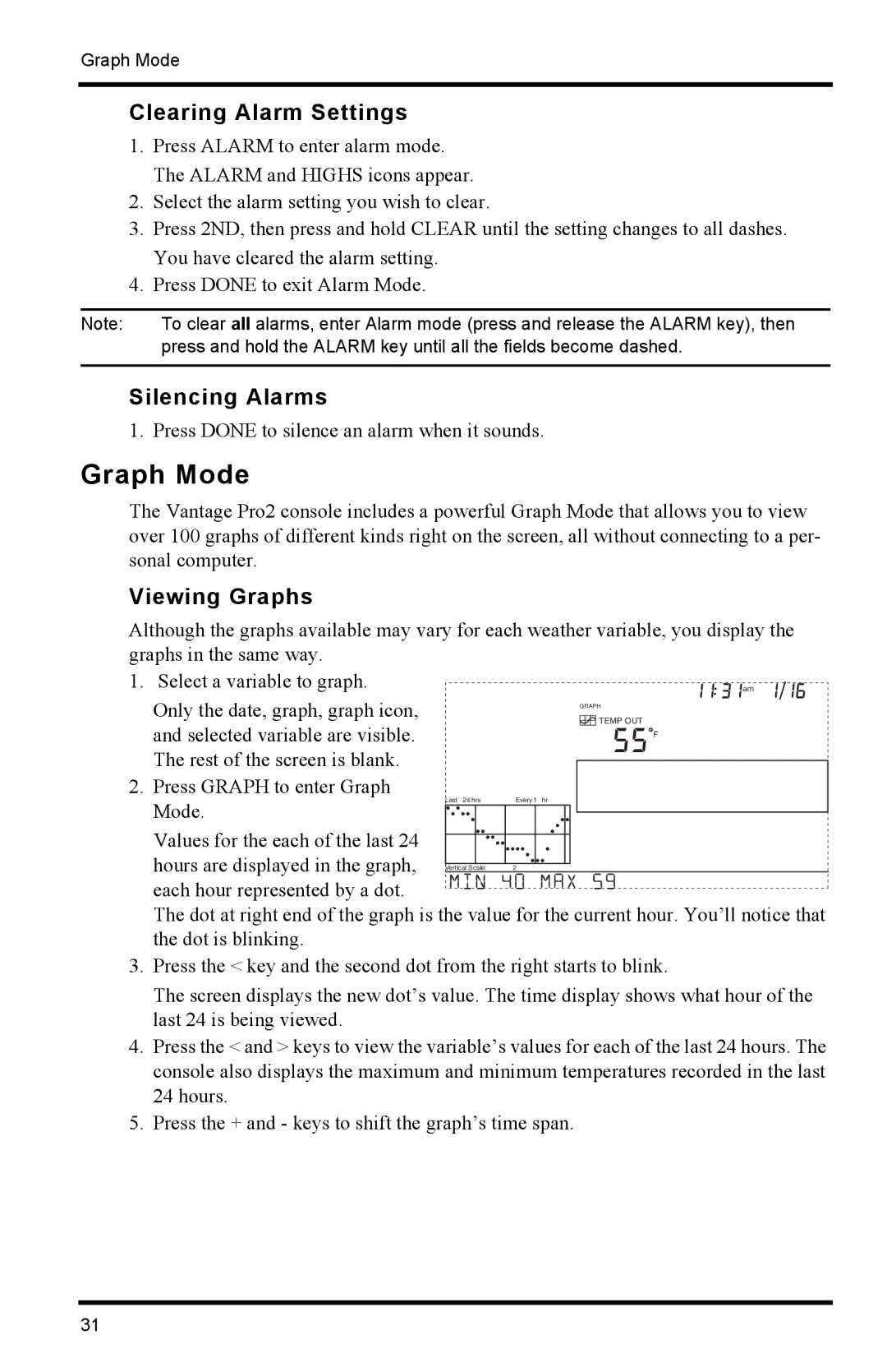 Davis Instruments 6152C manual Graph Mode, Clearing Alarm Settings, Silencing Alarms, Viewing Graphs 