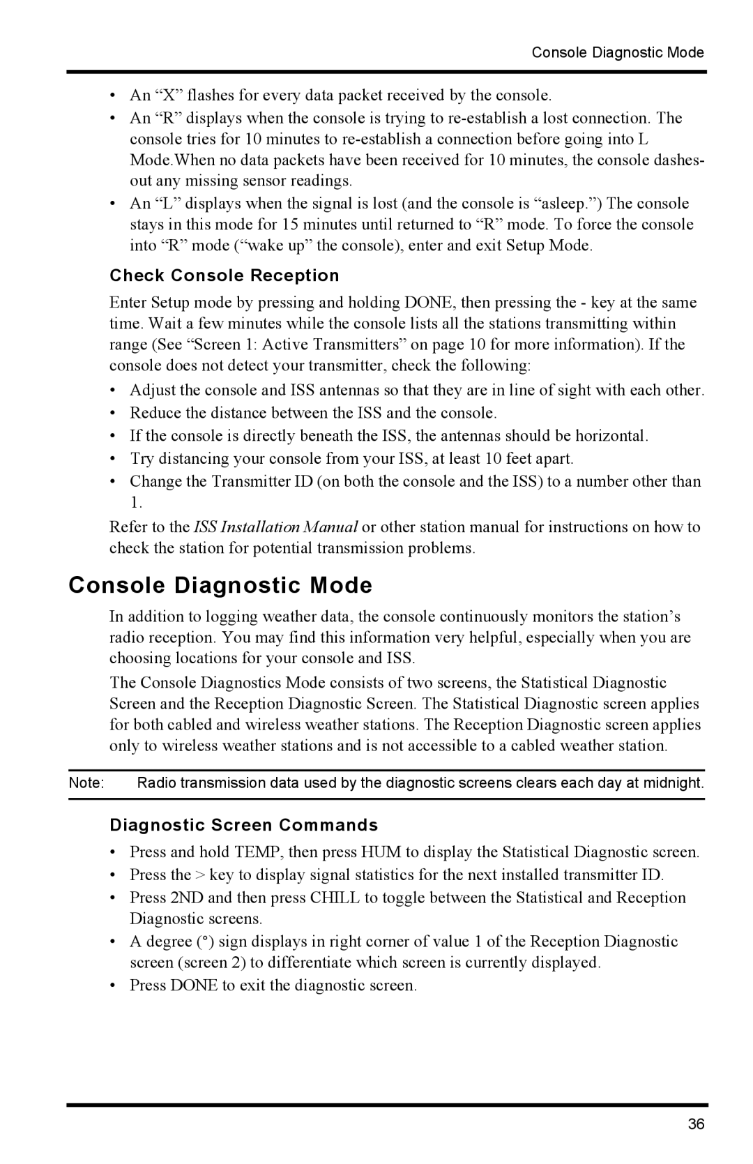 Davis Instruments 6152C manual Console Diagnostic Mode, Check Console Reception, Diagnostic Screen Commands 