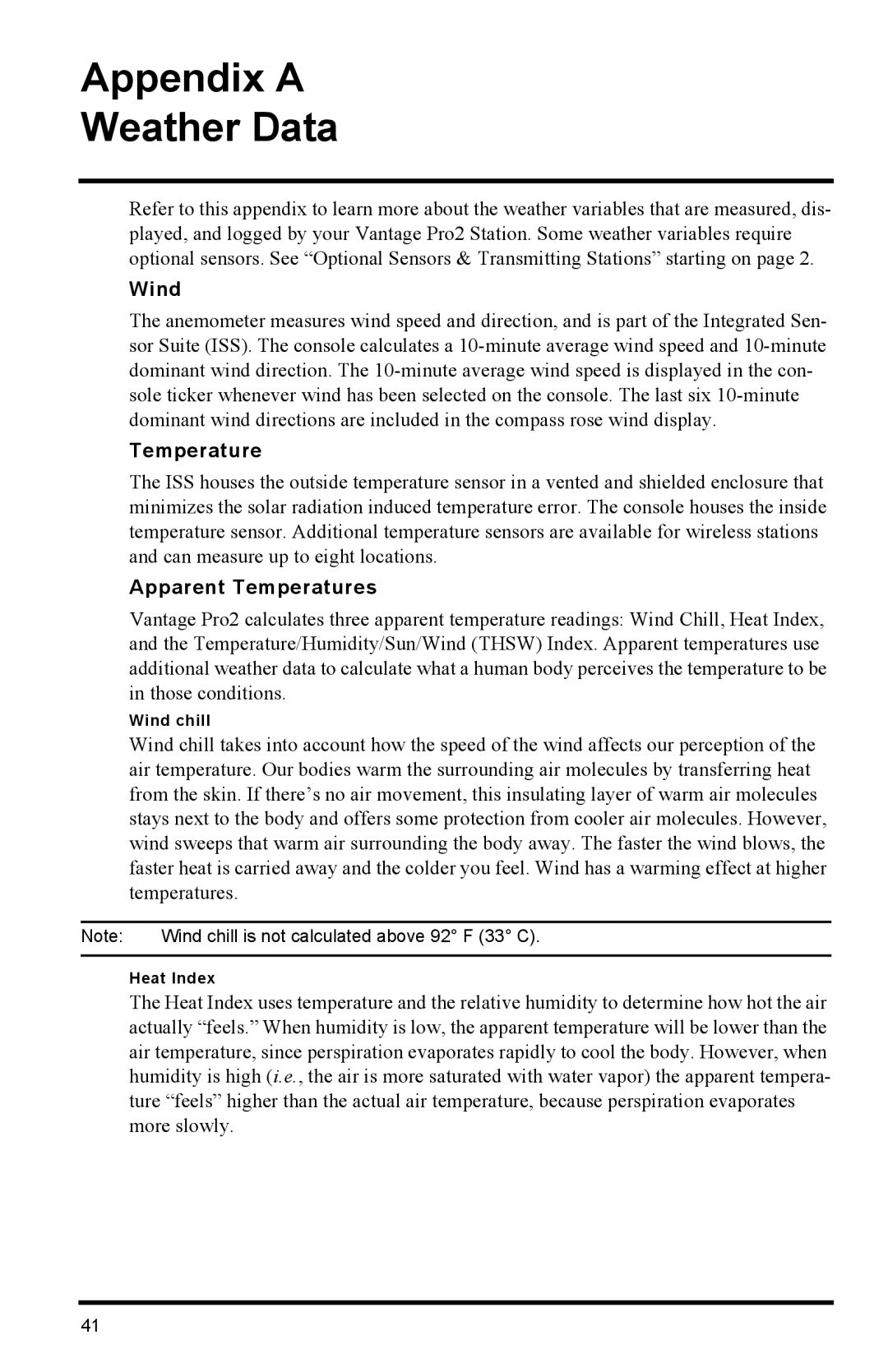 Davis Instruments 6152C manual Appendix a Weather Data, Apparent Temperatures, Wind chill, Heat Index 