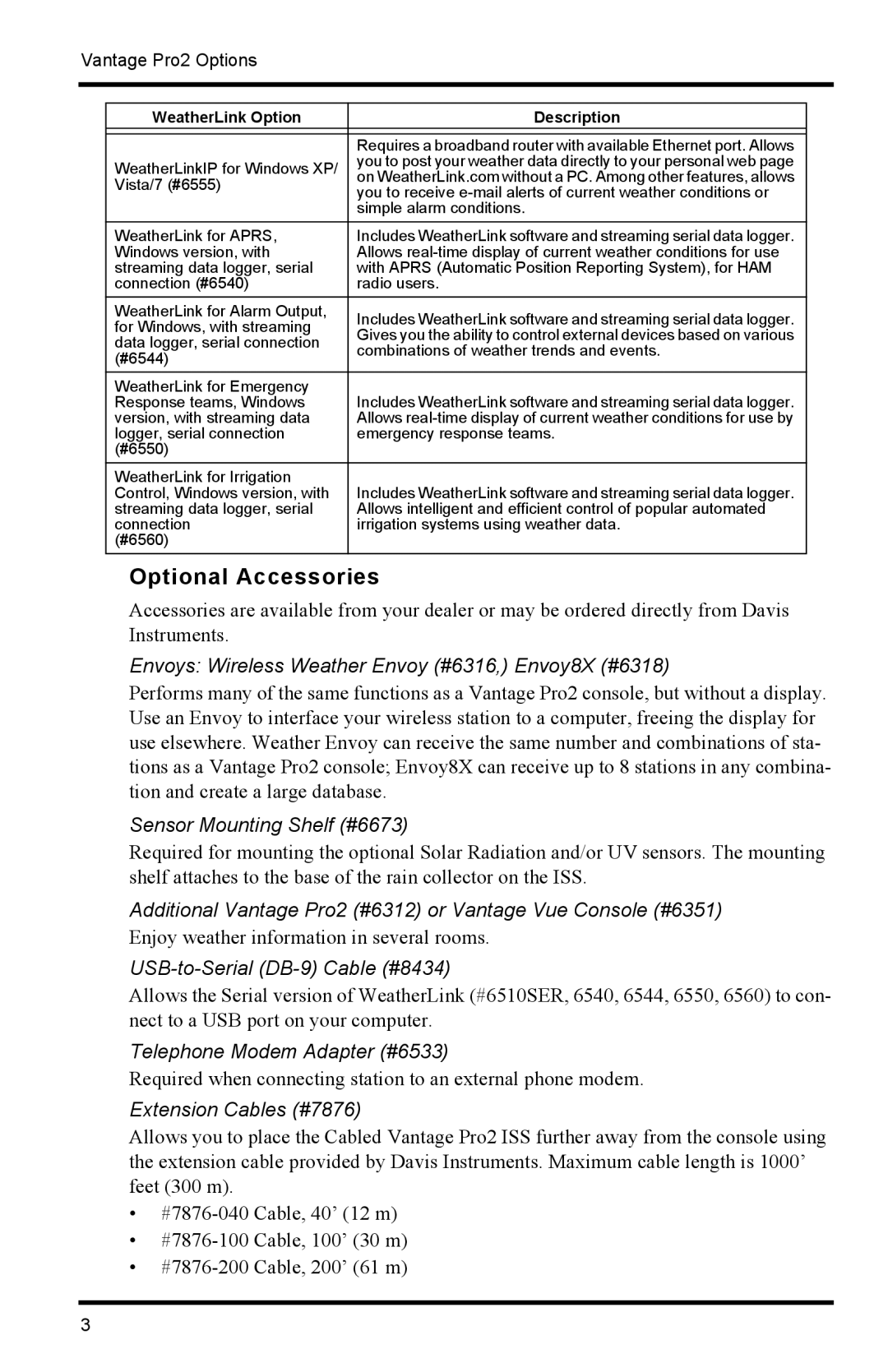 Davis Instruments 6152C manual Optional Accessories, Envoys Wireless Weather Envoy #6316, Envoy8X #6318 