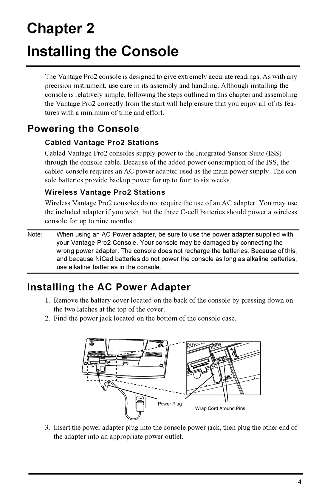 Davis Instruments 6152C manual Chapter Installing the Console, Powering the Console, Installing the AC Power Adapter 