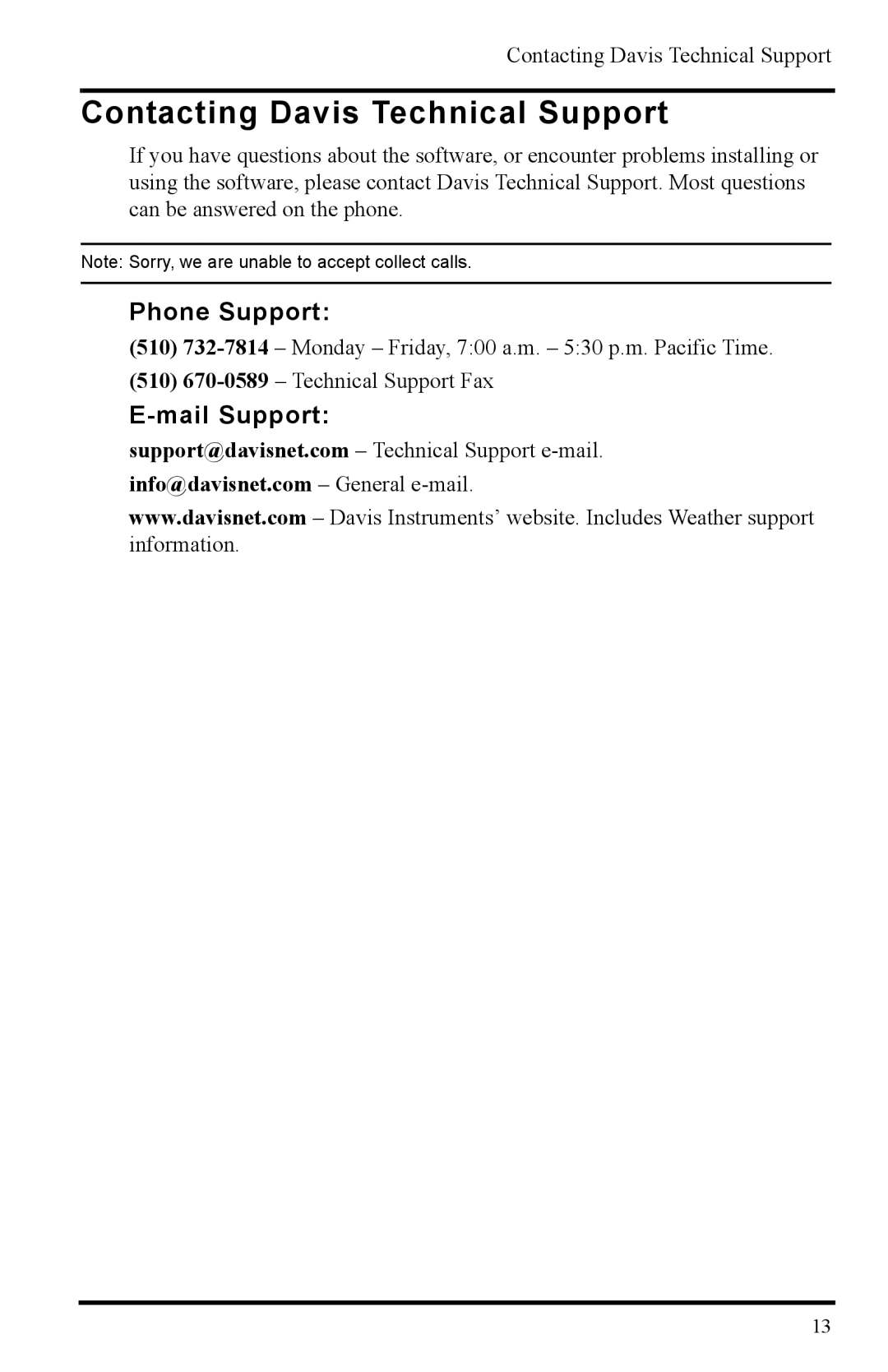 Davis Instruments 7855 manual Contacting Davis Technical Support, Phone Support, Mail Support 