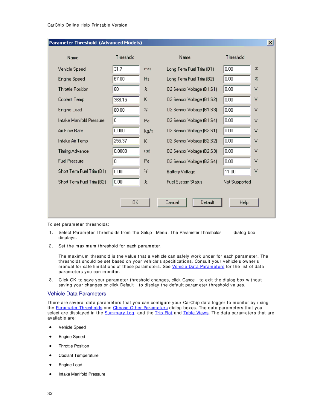 Davis Instruments 8241, 8245, 8246, 8226, 8211, 8220, 8221, 8225, 8210 manual Vehicle Data Parameters 