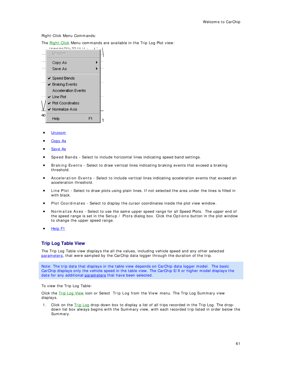 Davis Instruments 8246, 8241, 8245, 8226, 8211, 8220, 8221, 8225, 8210 manual Trip Log Table View, Unzoom Copy As Save As 