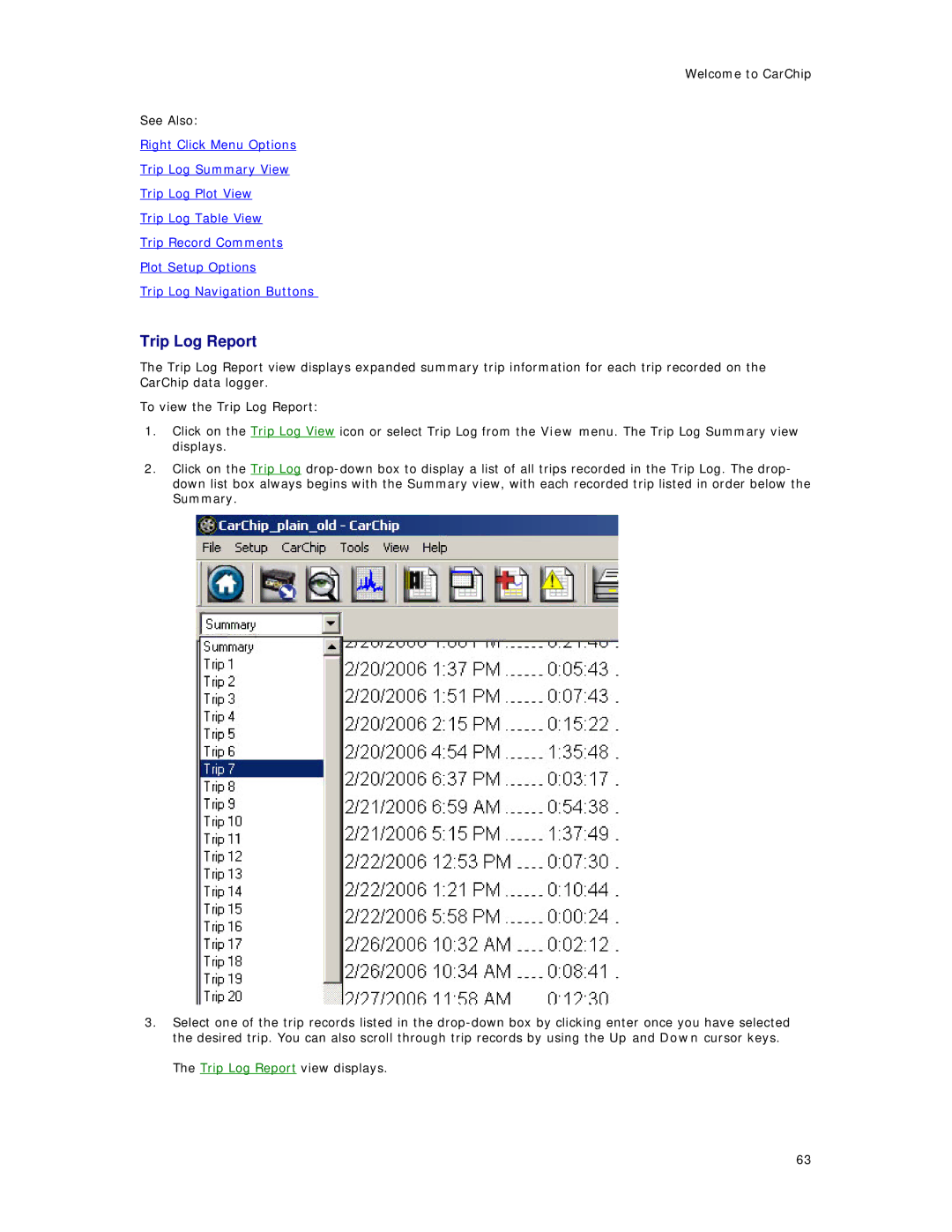 Davis Instruments 8211, 8241, 8245, 8246, 8226, 8220, 8221, 8225, 8210 manual Trip Log Report 