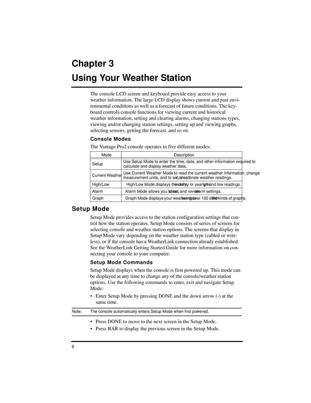 Davis Instruments Vantage Pro2 manual Chapter Using Your Weather Station, Setup Mode Commands 