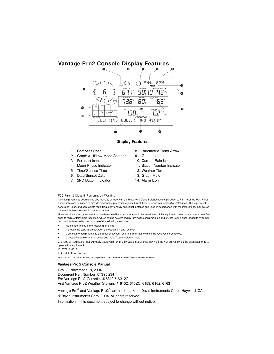 Davis Instruments manual Vantage Pro2 Console Display Features, Vantage Pro 2 Console Manual 